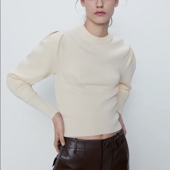 Zara Beige Balloon Sleeve Knit Crop Sweater - Picture 2 of 15